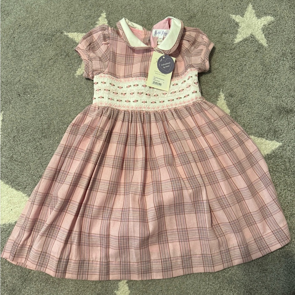 Rachel Riley Pink Tartan Smocked Kids Dress